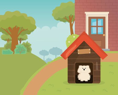 dog in the house garden tree path pet careのイラスト素材