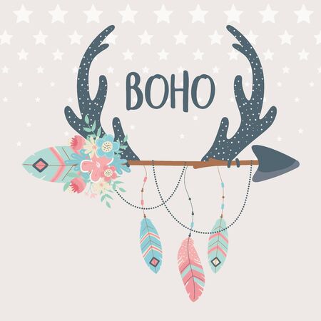 deer horns with flowers ,feathers and arrows boho style vector illustration designのイラスト素材
