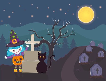 girl witch and black cat tomb trick or treat - happy halloween vector illustrationのイラスト素材