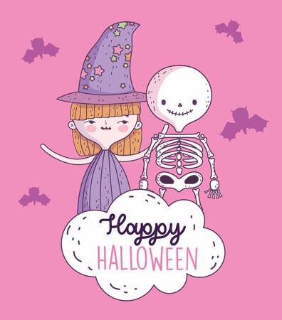 happy halloween celebration girl with hat witch and skeletonのイラスト素材