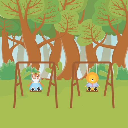 tiger and lion playing on the swing forest fantasy fairy taleのイラスト素材