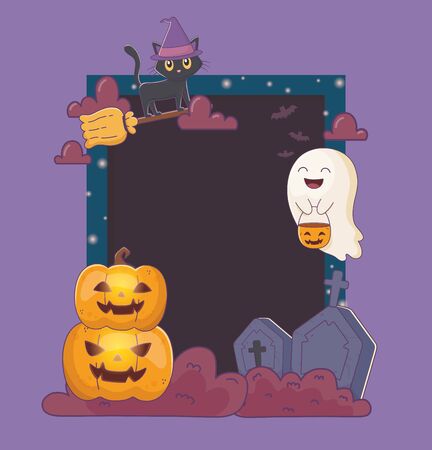 cat ghost pumpkins and gravestone frame halloweenのイラスト素材