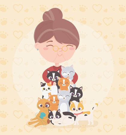 elderly woman hugs cats pets domestic vector illustrationのイラスト素材