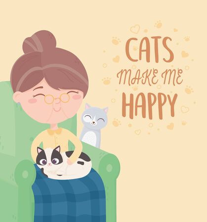 elderly woman taking care of cat in the chair vector illustrationのイラスト素材