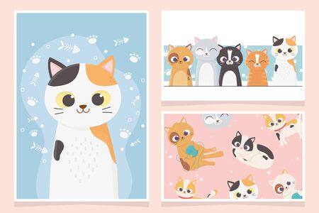 pet cats adorable playing fishbone paw cartoon cardsのイラスト素材