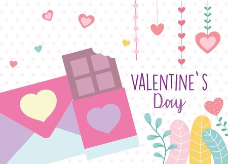 happy valentines day, sweet chocolate bar and envelope letter love hearts feelings foliage decoration celebration vector illustrationのイラスト素材