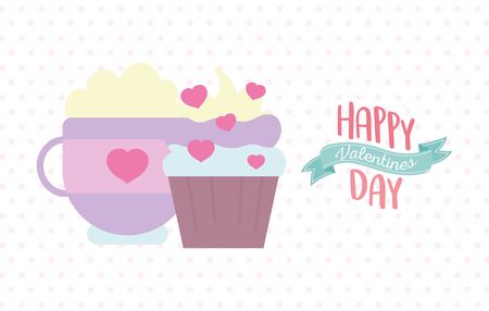 happy valentines day, sweet cupcake and coffee cup dots background celebration vector illustrationのイラスト素材