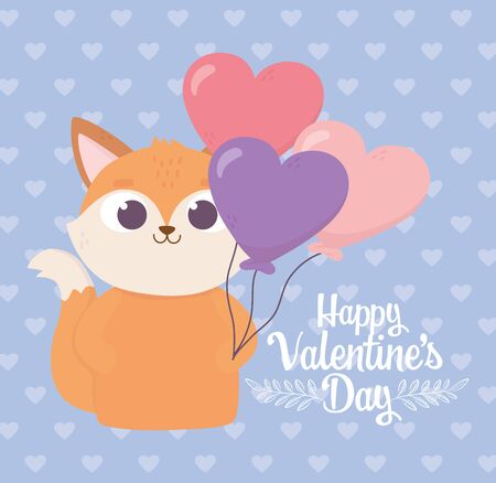 happy valentines day, cute fox with balloons shaped hearts love celebration vector illustrationのイラスト素材
