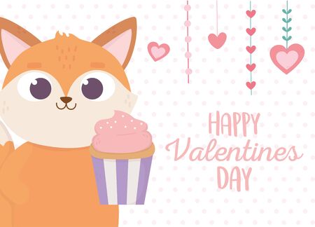 happy valentines day, cute fox with sweet cupcake hanging hearts loveのイラスト素材