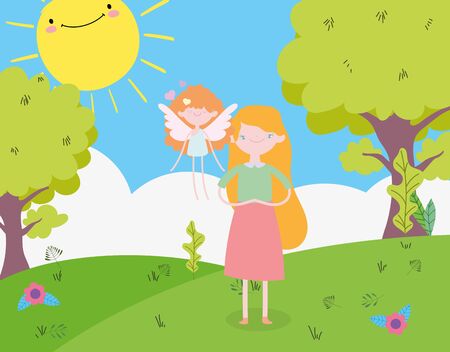 happy valentines day, cute young woman and little cupid grass flowers trees sun cartoonのイラスト素材