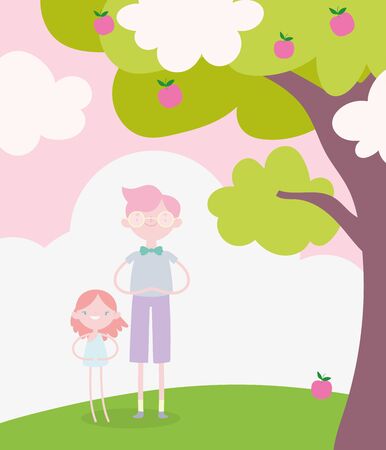 happy valentines day, young man and little cupid grass tree fruitsのイラスト素材