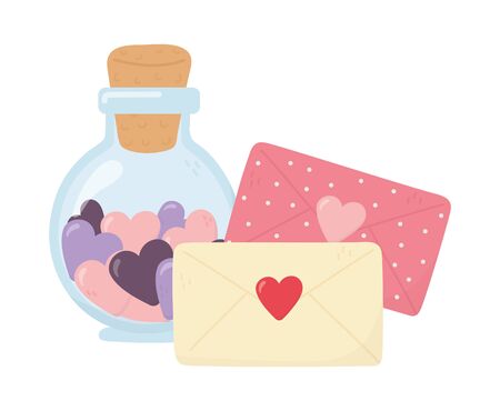 happy valentines day, bottle glass envelope messages letter hearts romantic celebration vector illustrationのイラスト素材
