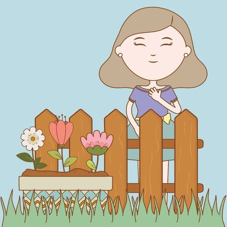 girl flowers in pot floral garden fence cartoonのイラスト素材