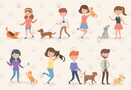 young people with cute little dogs and cats mascotsのイラスト素材