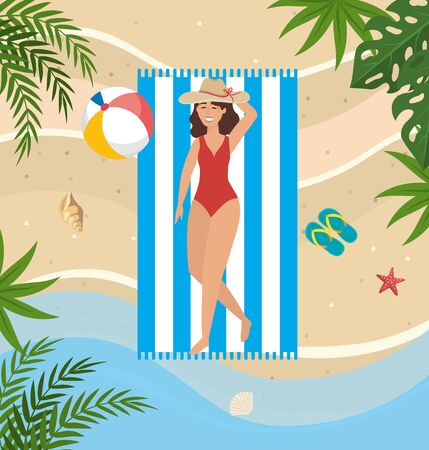 woman taking sun with hat and beach ball in the towelのイラスト素材