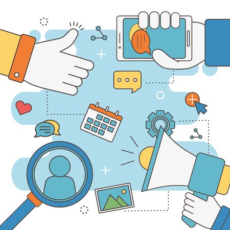 hand like speaker mobile chat calendar analysis technology network social media vector illustrationのイラスト素材