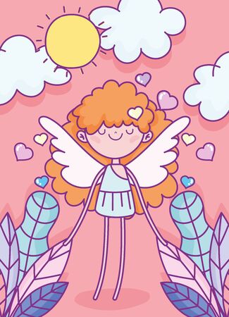 happy valentines day, flying cute cupid hearts love foliage sun skyのイラスト素材