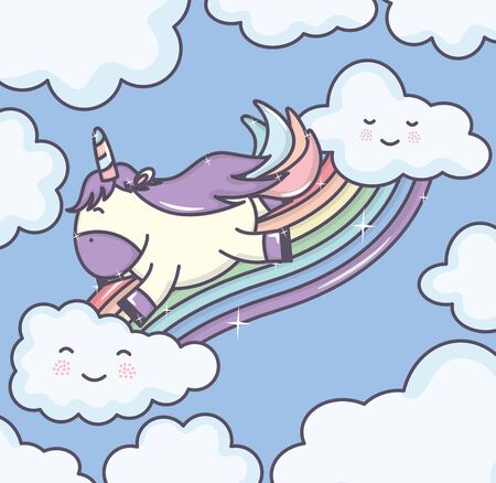 cute adorable unicorn with clouds and rainbowのイラスト素材