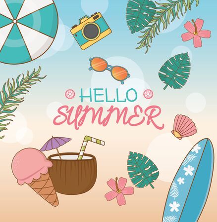 hello summer poster with vacations travel items vector illustration designのイラスト素材