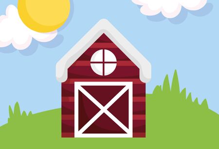 wooden barn meadow sun clouds farm cartoon vector illustrationのイラスト素材