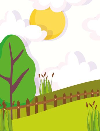 landscape nature tree clouds sun fences plants vegetationのイラスト素材