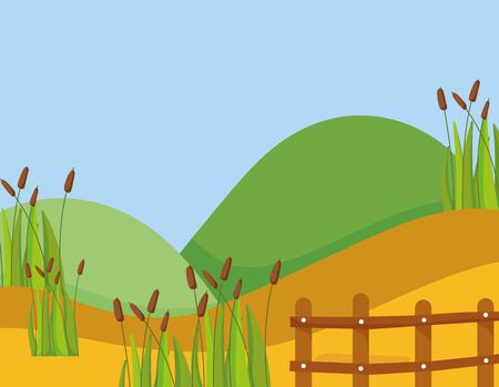 landscape nature mountains fence plants path foliage vector illustrationのイラスト素材