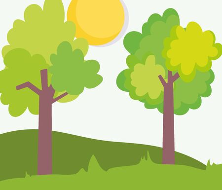 landscape farm trees foliage meadow clouds sun vector illustrationのイラスト素材