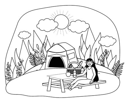 Tent and woman cartoon design, Camping forest adventure lifestyle summer travel and outdoor theme Vector illustrationのイラスト素材