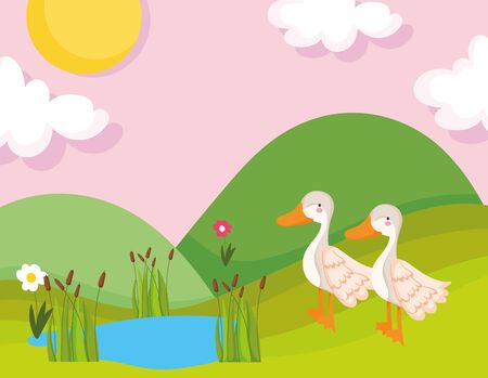 geese lake grass flower vegetation farm animal cartoon vector illustrationのイラスト素材
