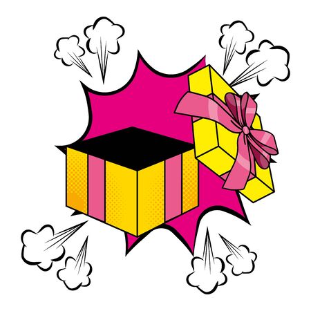 Pop art gift box open over explosion background cartoon vector illustration graphic designのイラスト素材