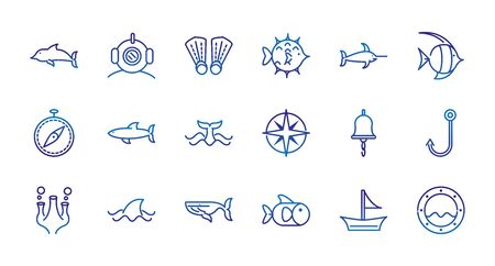 marine life nautical sea animals and equipment thick line blue icons vector illustrationのイラスト素材