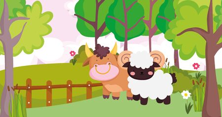 bull and ram wooden fence trees flowers farm animal cartoon vector illustrationのイラスト素材