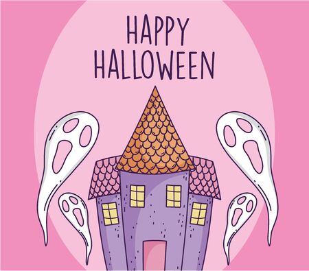 happy halloween celebration scary ghosts and castle vector illustrationのイラスト素材