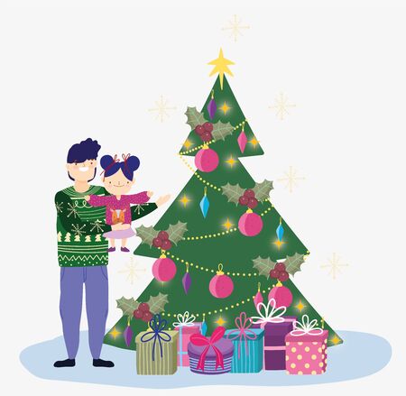 dad carrying little daughter with tree and gifts merry christmas, happy new year vector illustrationのイラスト素材