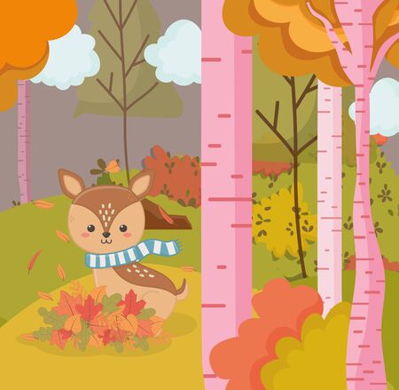 cute deer with scarf animal forest park trees hello autumn vector illustrationのイラスト素材
