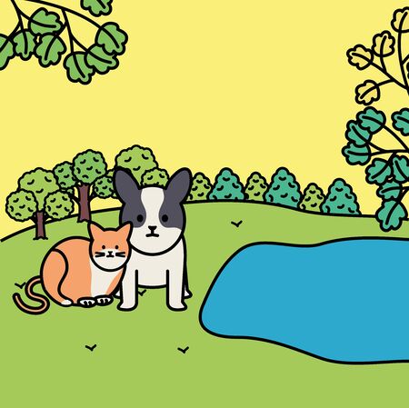 cute cat and dog mascots in the landscape characters vector illustration designのイラスト素材