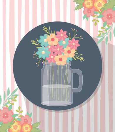 mason jar flowers decoration corner stripes background shadow vector illustrationのイラスト素材