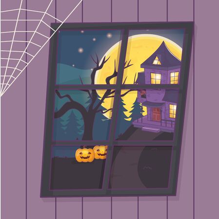 view window house pumpkins tree scary halloweenのイラスト素材
