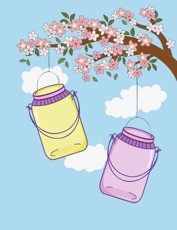tree branch hanging mason jar flowers decorationのイラスト素材