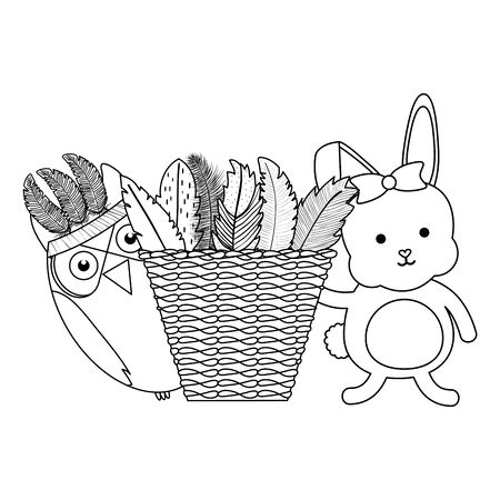 owl bird and rabbit with feathers hat and basket straw vector illustration designのイラスト素材
