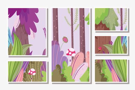landscape nature foliage flower mushroom bush theme cards vector illustrationのイラスト素材