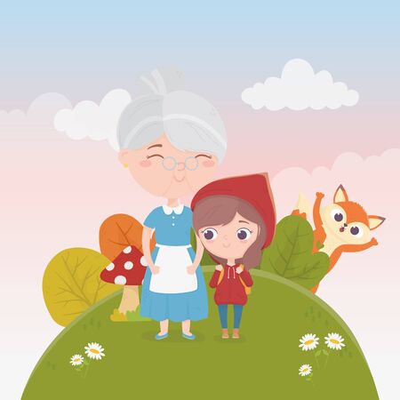 little red riding hood with grandma and wolf nature plants fairy tale vector illustrationのイラスト素材