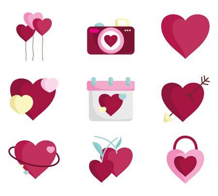 happy valentines day, love heart romantic feeling emotion icons set vector illustrationのイラスト素材