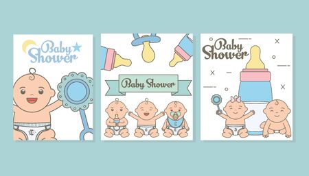 set baby shower cards with cute little babiesのイラスト素材