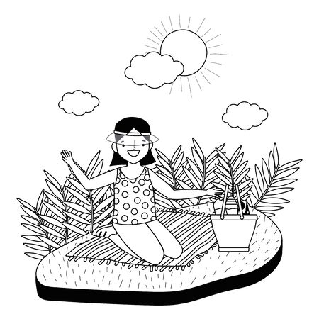 Woman cartoon having picnic designのイラスト素材