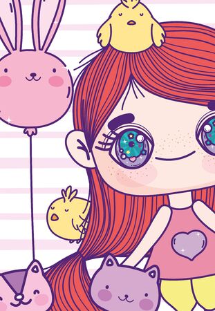 anime cute girl balloons rabbit squirrel chickens vector illustrationのイラスト素材