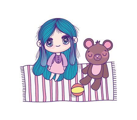 cute little girl cartoon with teddy and ball in carpetのイラスト素材