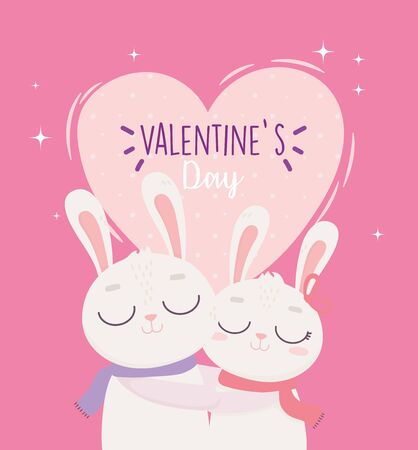 happy valentines day, cute bunny couple hugging heart love romantic celebration vector illustrationのイラスト素材