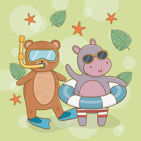 Bear and hippo cartoon design, Summer vacation beach tropical  tourism and season theme Vector illustrationのイラスト素材
