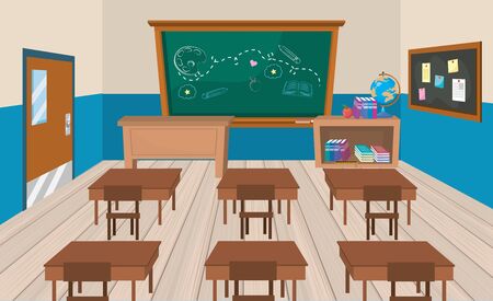 education classroom with desks and books with blackboard to back to school vector illustrationのイラスト素材